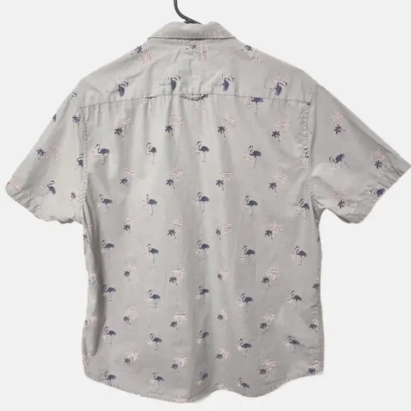 Denim & Flower Flag Flamingo Palm Tree Short Sleeve Button Down Shirt Size Large - Picture 2 of 3